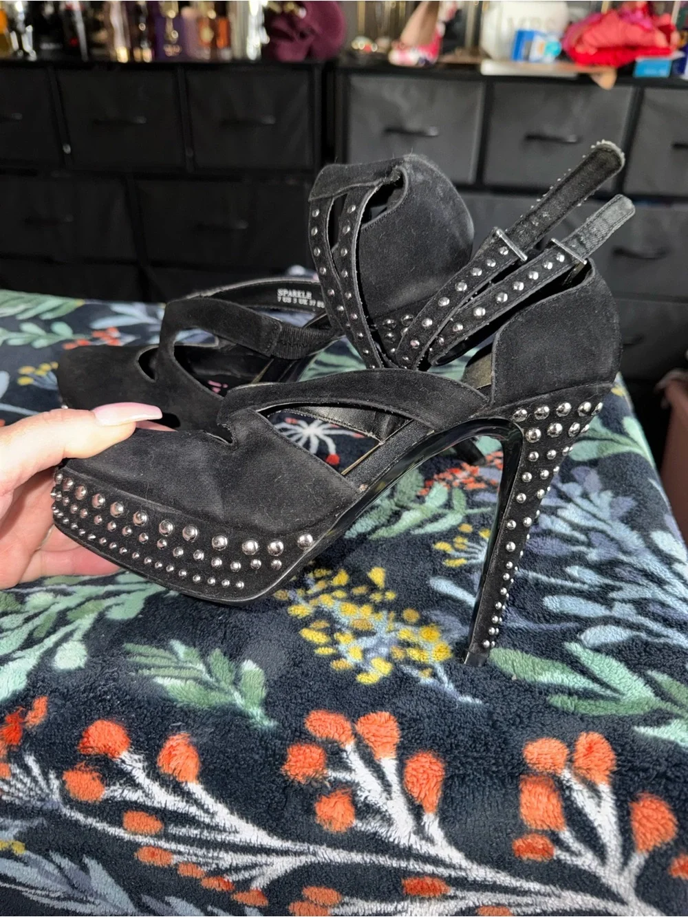 Studded Black Suede Platform Heels with Ankle Straps